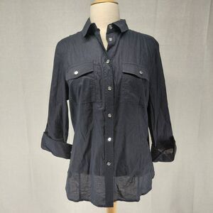 Michael Kors Button-up Rolled Sleeve Blouse Navy Silver Buttons Sz XL